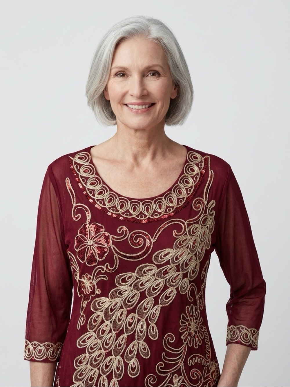 Simply Couture Art Deco Burgundy Sequin Peacock Tunic Blouse XXL - Picture 2 of 8